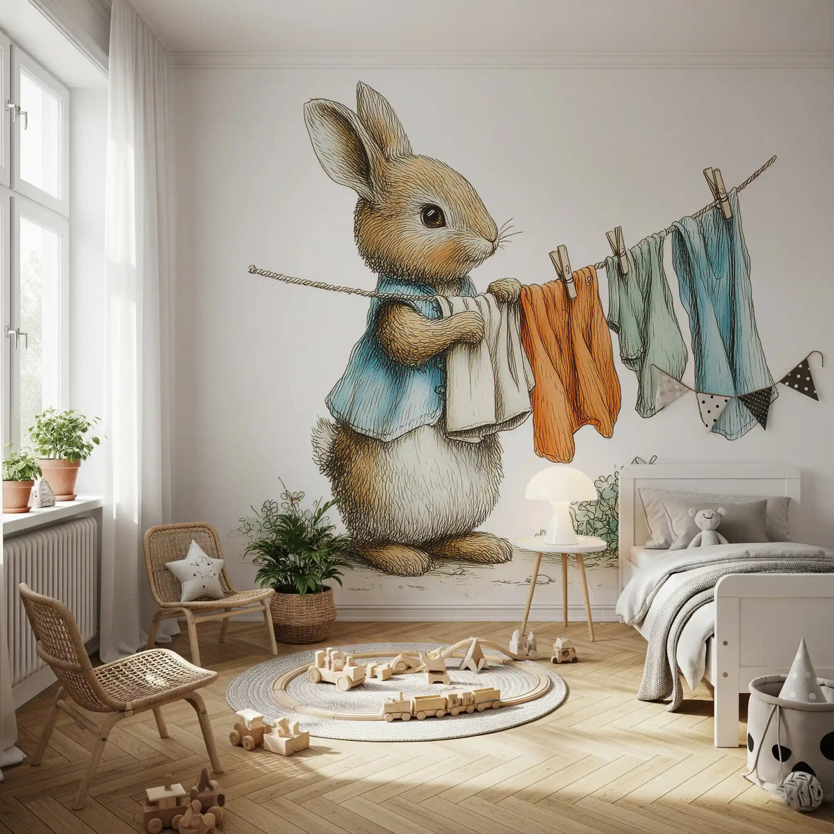 Woodland Bunny Laundry Day Wall Mural
