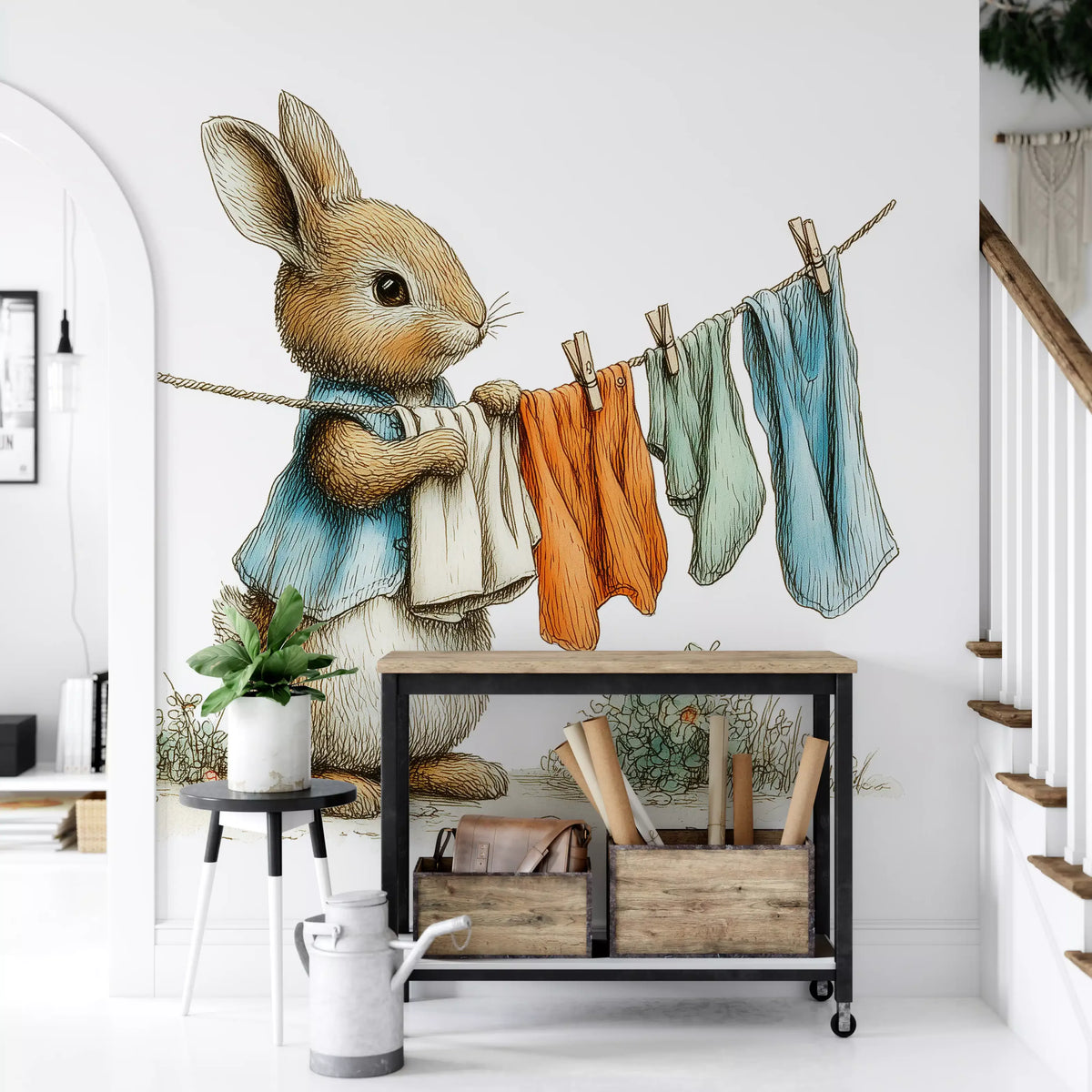 Woodland Bunny Laundry Day Wall Mural