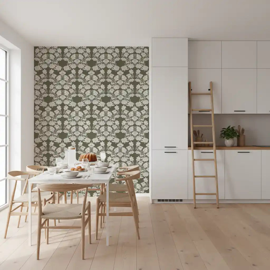 Muted Sage Traditional Floral Pattern Wallpaper⁠