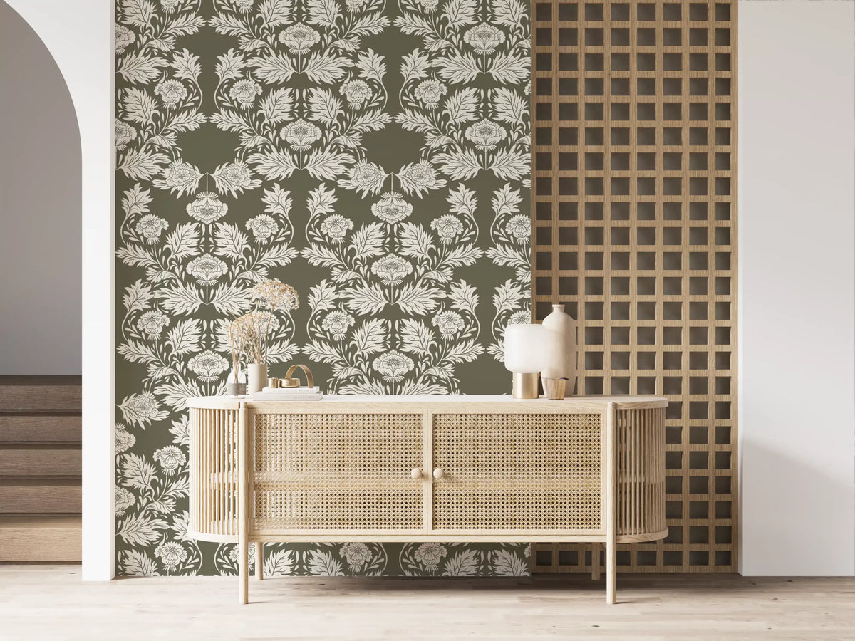 Muted Sage Traditional Floral Pattern Wallpaper⁠