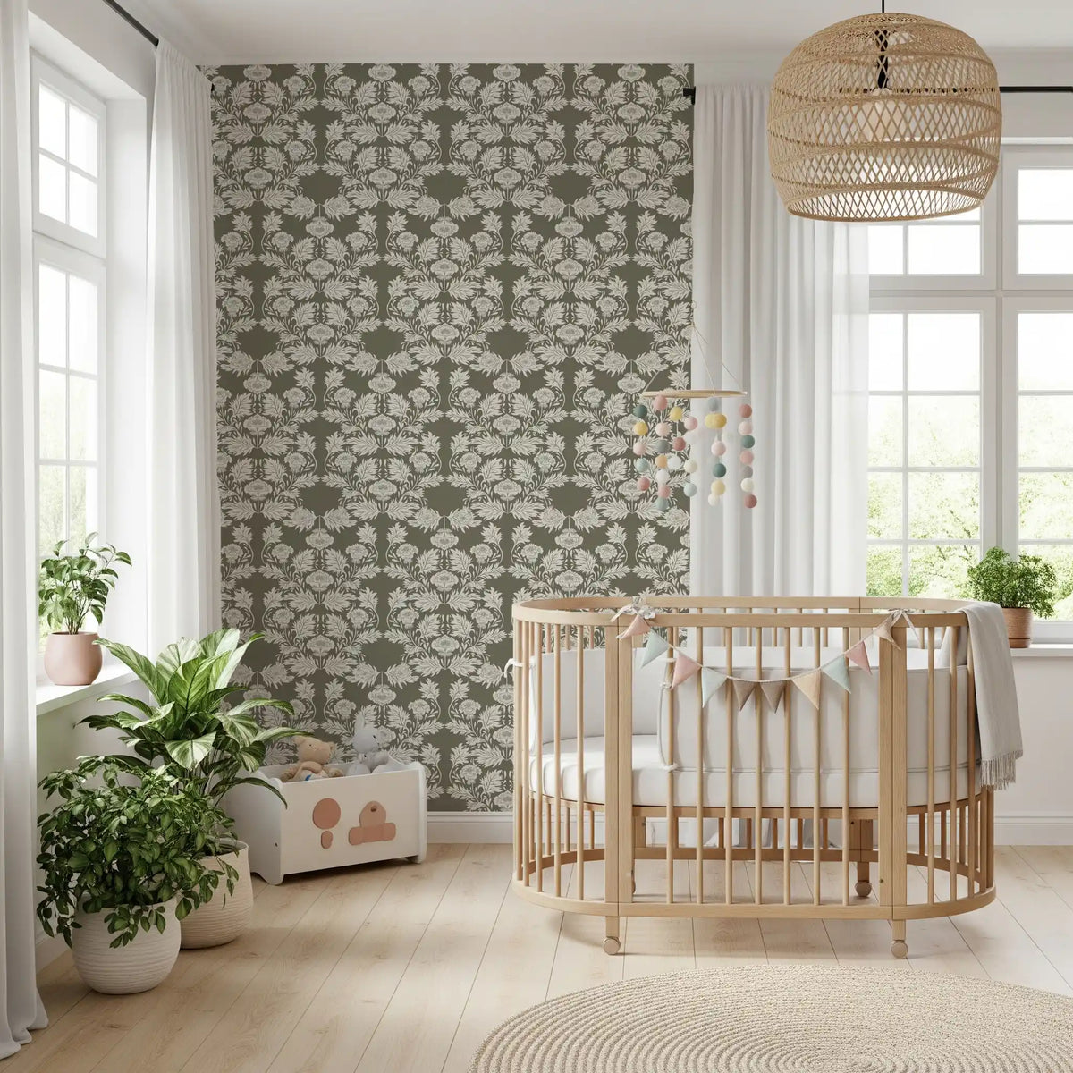 Muted Sage Traditional Floral Pattern Wallpaper⁠