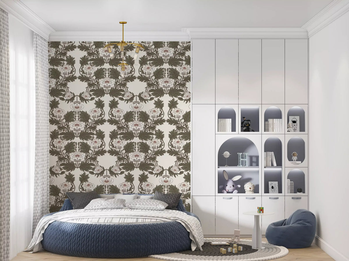 Symmetrical Sage Foliage and Peony Illustration Wallpaper⁠