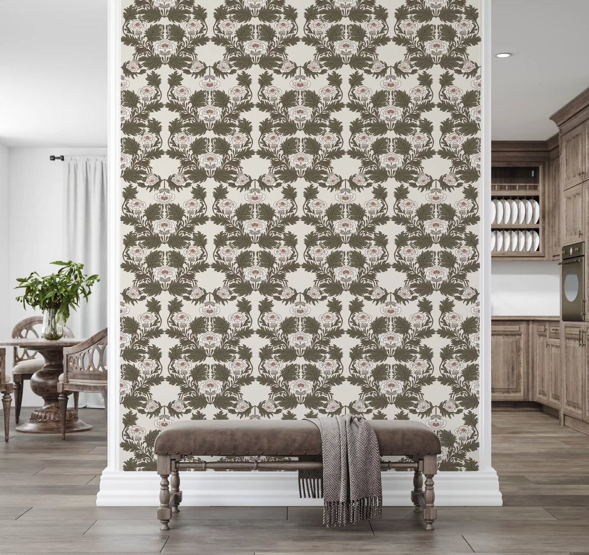 Symmetrical Sage Foliage and Peony Illustration Wallpaper⁠
