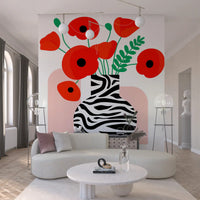 Abstract Poppies in Zebra Print Vase Wall Mural