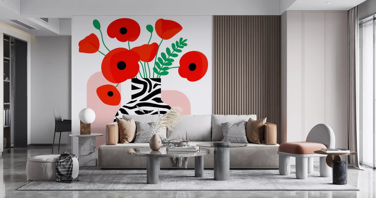 Abstract Poppies in Zebra Print Vase Wall Mural