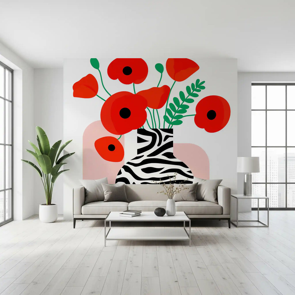 Abstract Poppies in Zebra Print Vase Wall Mural
