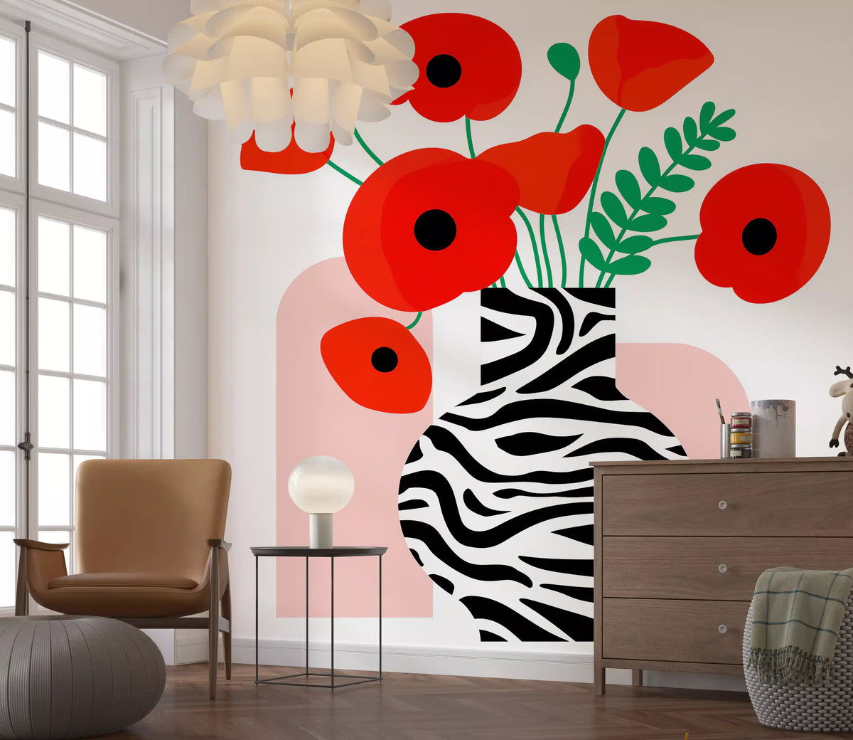Abstract Poppies in Zebra Print Vase Wall Mural