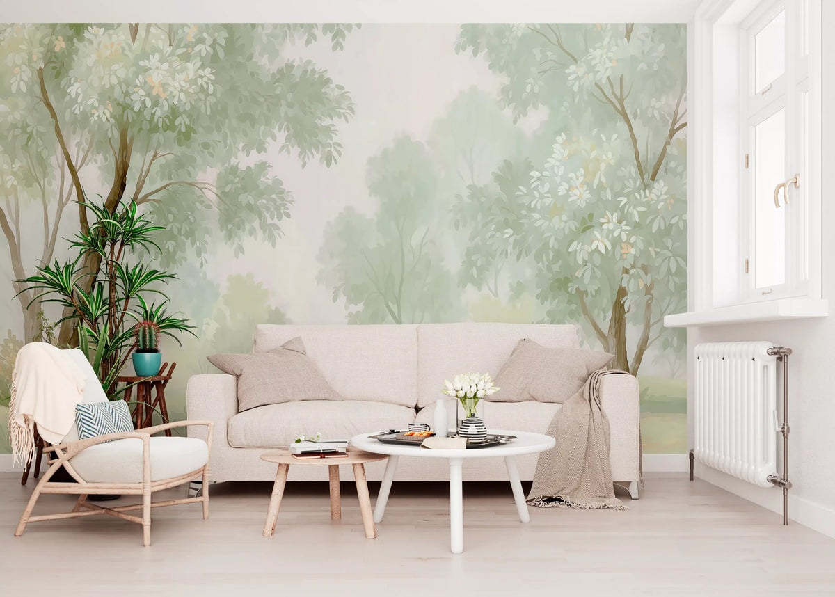 Misty Morning Riverside Forest Wall Mural