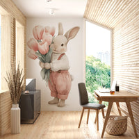 Little Bunny With Tulip Bouquet Wall Mural