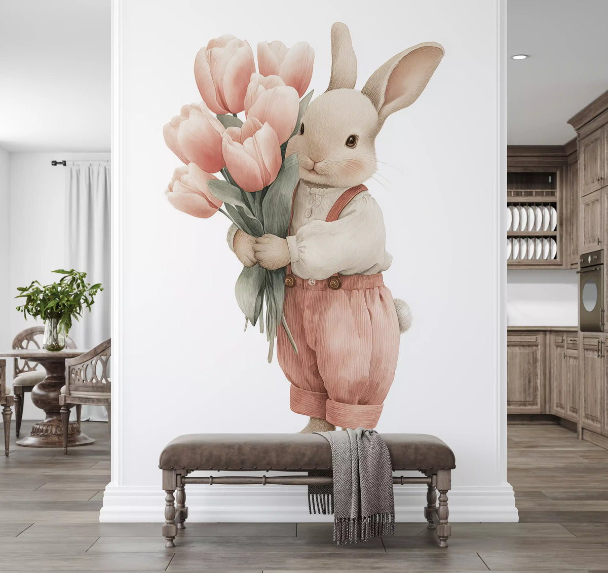 Little Bunny With Tulip Bouquet Wall Mural