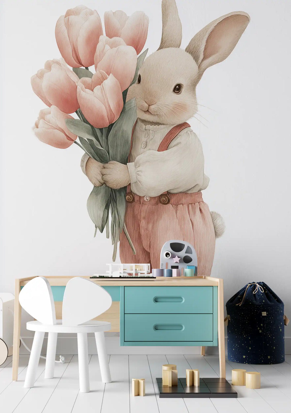 Little Bunny With Tulip Bouquet Wall Mural