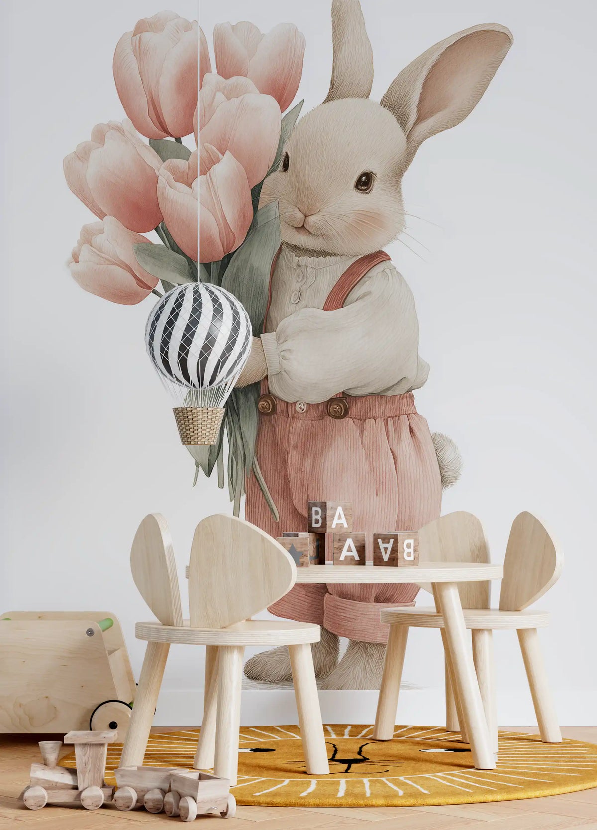 Little Bunny With Tulip Bouquet Wall Mural