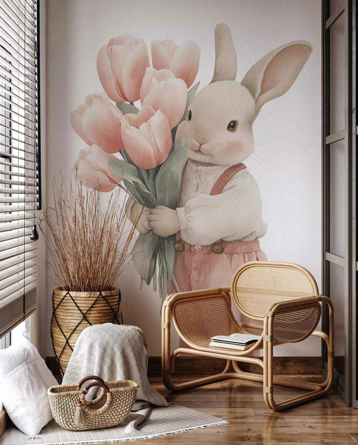 Little Bunny With Tulip Bouquet Wall Mural