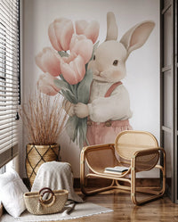 Little Bunny With Tulip Bouquet Wall Mural