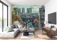 Gothic Cathedral and City Streetscape Wall Mural