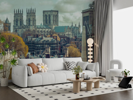 Gothic Cathedral and City Streetscape Wall Mural