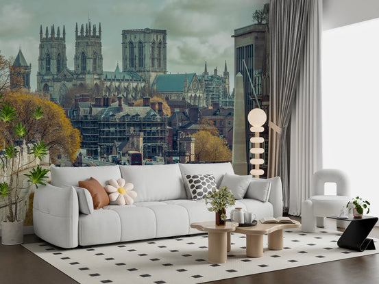 Gothic Cathedral and City Streetscape Wall Mural