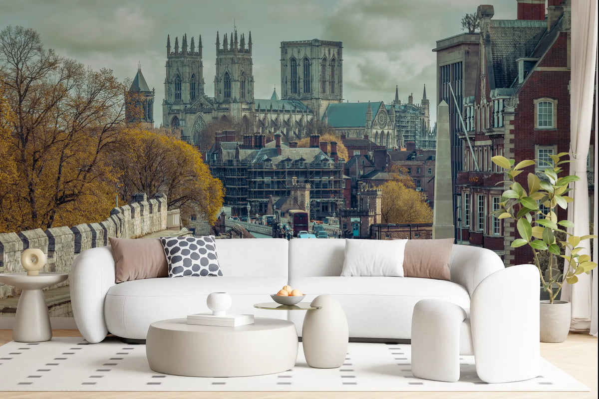 Gothic Cathedral and City Streetscape Wall Mural