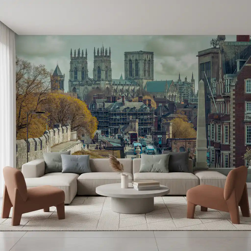 Gothic Cathedral and City Streetscape Wall Mural