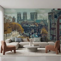 Gothic Cathedral and City Streetscape Wall Mural