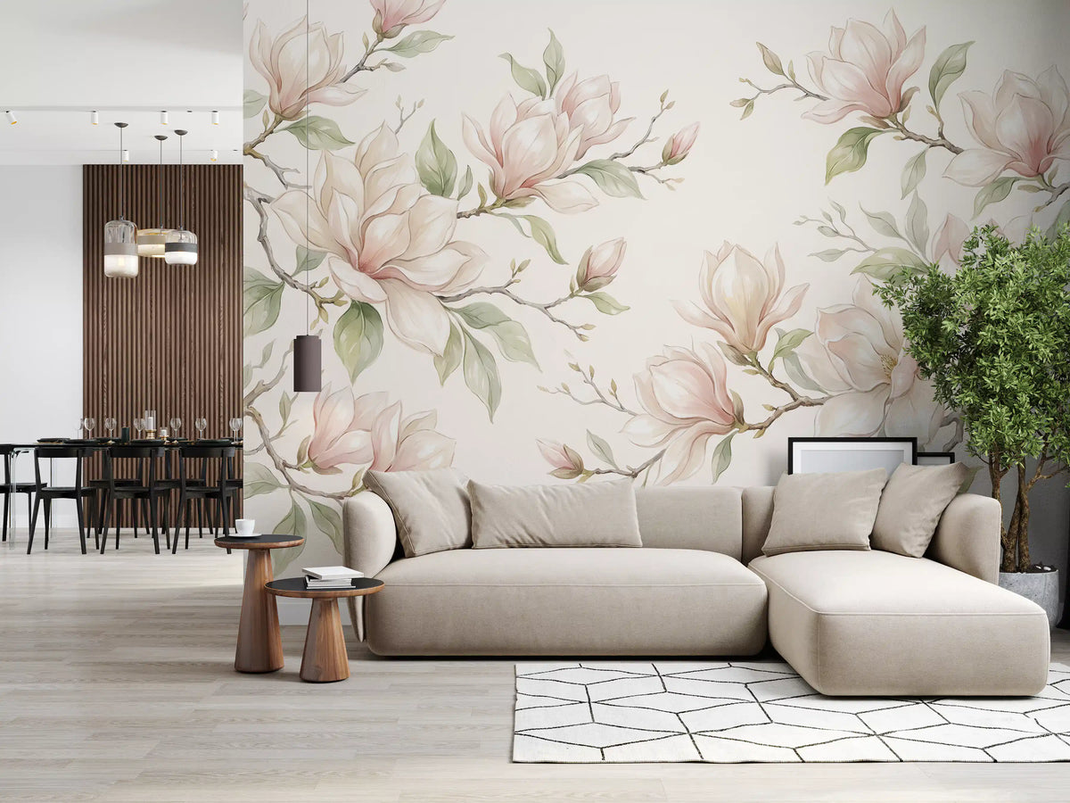 Soft Watercolor Magnolia Branches Wall Mural
