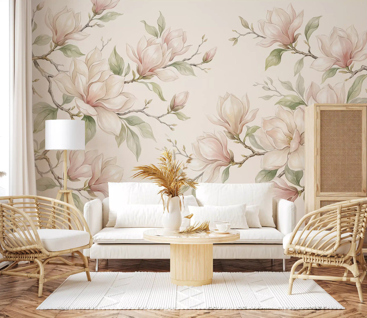 Soft Watercolor Magnolia Branches Wall Mural