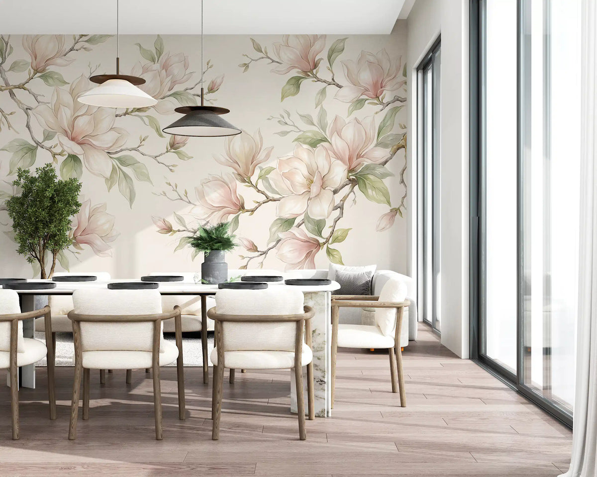 Soft Watercolor Magnolia Branches Wall Mural