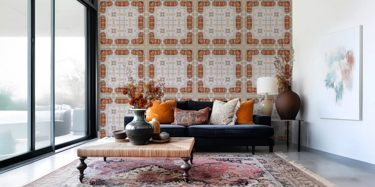 Aged Plaster and Brick Geometric Grid Wallpaper⁠