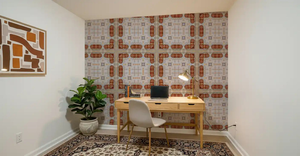 Aged Plaster and Brick Geometric Grid Wallpaper⁠