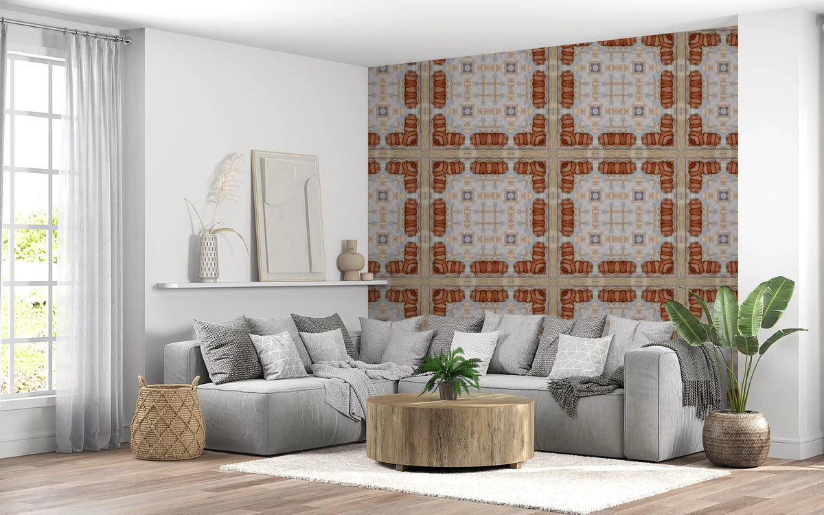 Aged Plaster and Brick Geometric Grid Wallpaper⁠