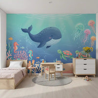 Friendly Whale and Friends Ocean Scene Wall Mural