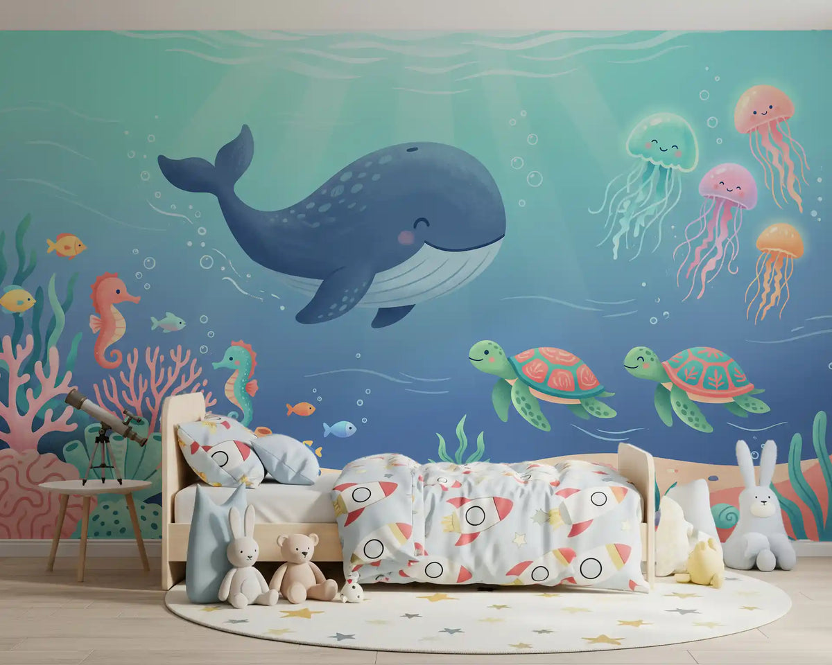 Friendly Whale and Friends Ocean Scene Wall Mural