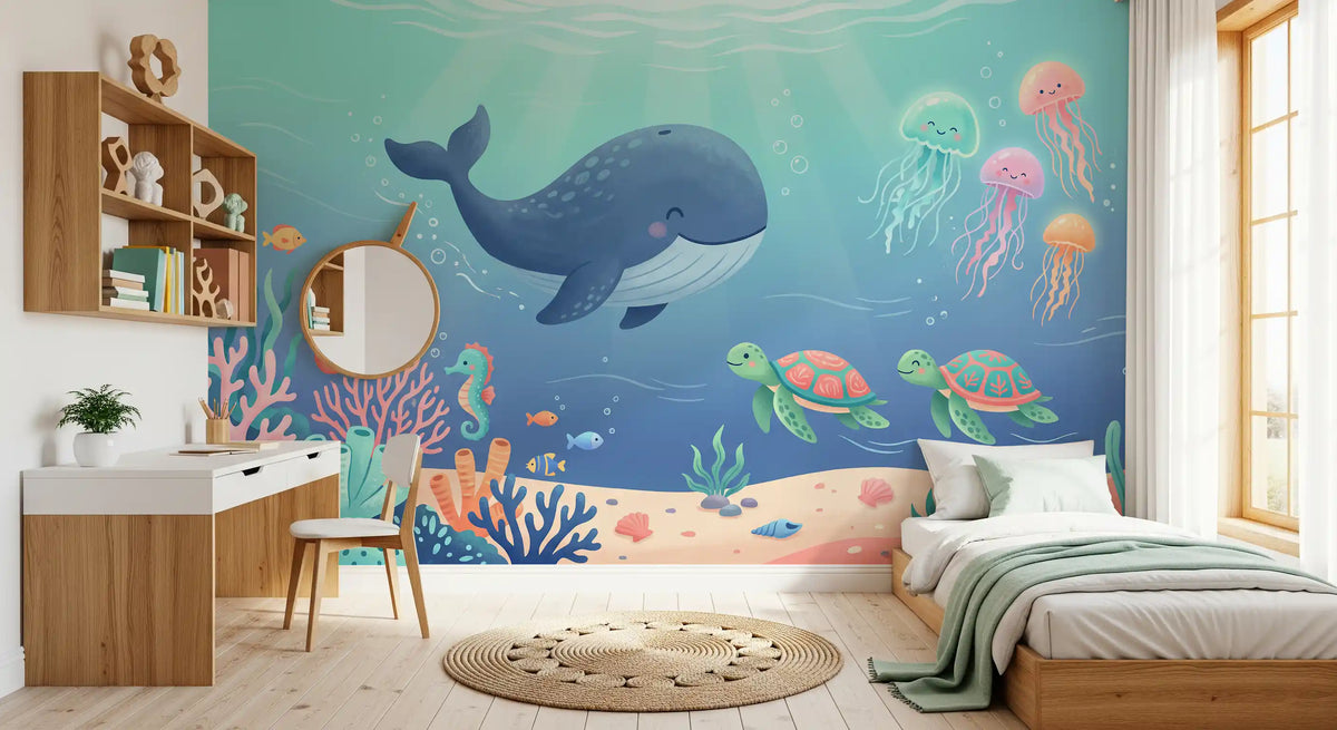 Friendly Whale and Friends Ocean Scene Wall Mural