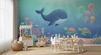 Friendly Whale and Friends Ocean Scene Wall Mural