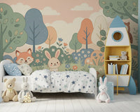 Friendly Woodland Creatures in Soft Pastel Forest Wall Mural