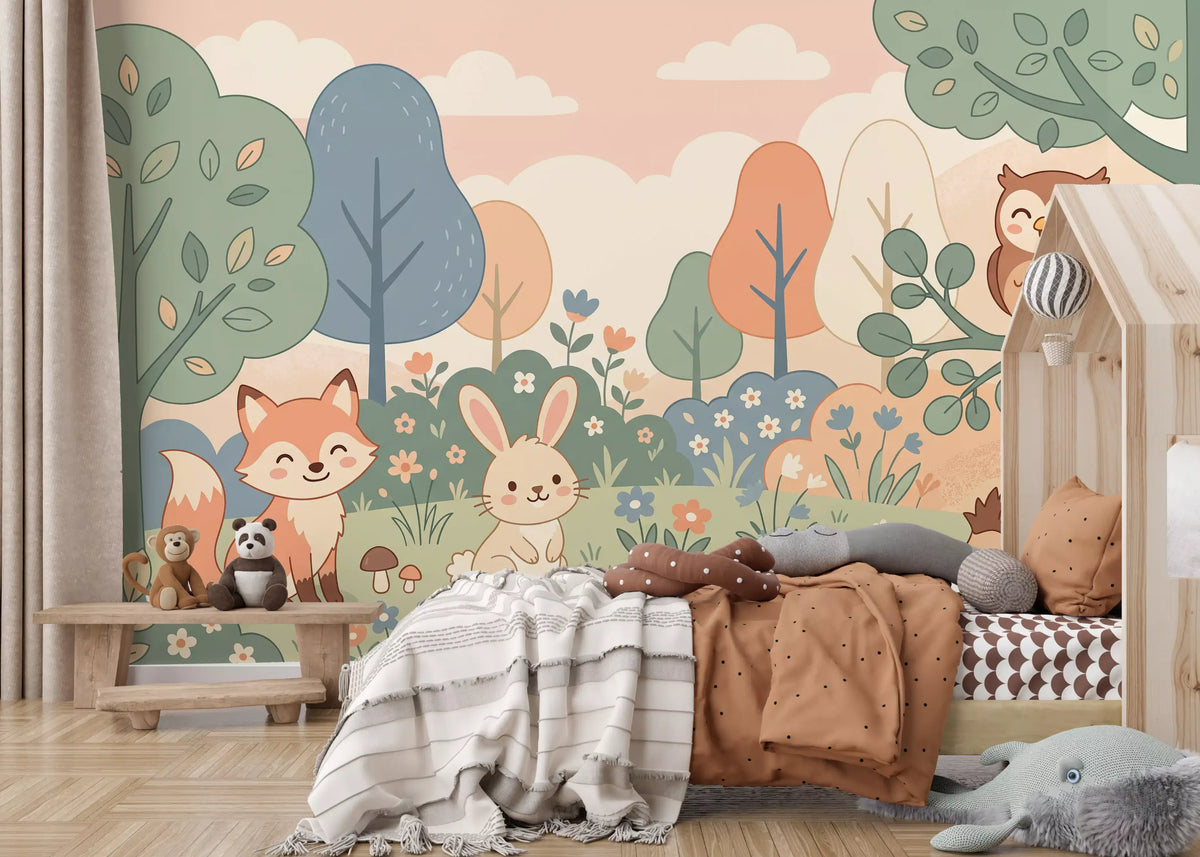 Friendly Woodland Creatures in Soft Pastel Forest Wall Mural