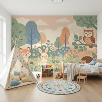 Friendly Woodland Creatures in Soft Pastel Forest Wall Mural