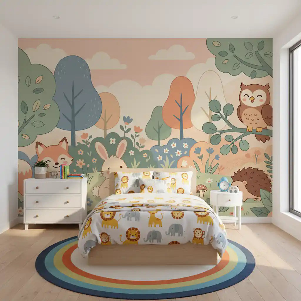 Friendly Woodland Creatures in Soft Pastel Forest Wall Mural
