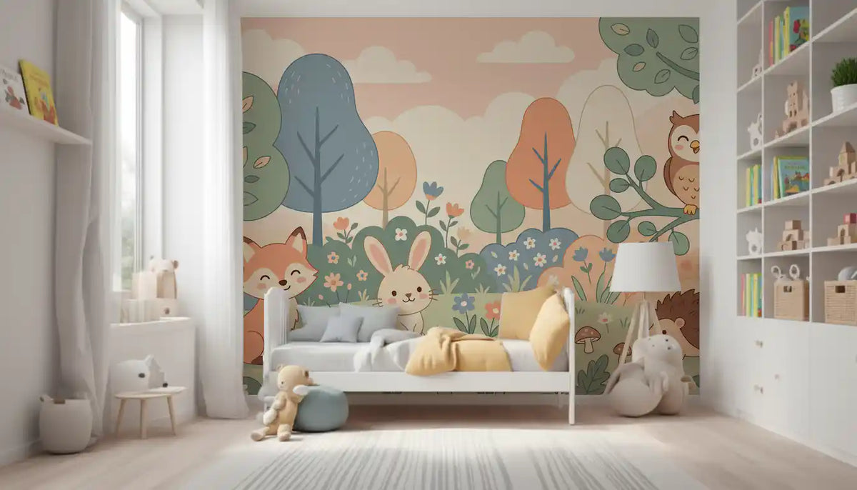 Friendly Woodland Creatures in Soft Pastel Forest Wall Mural
