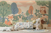 Friendly Woodland Creatures in Soft Pastel Forest Wall Mural