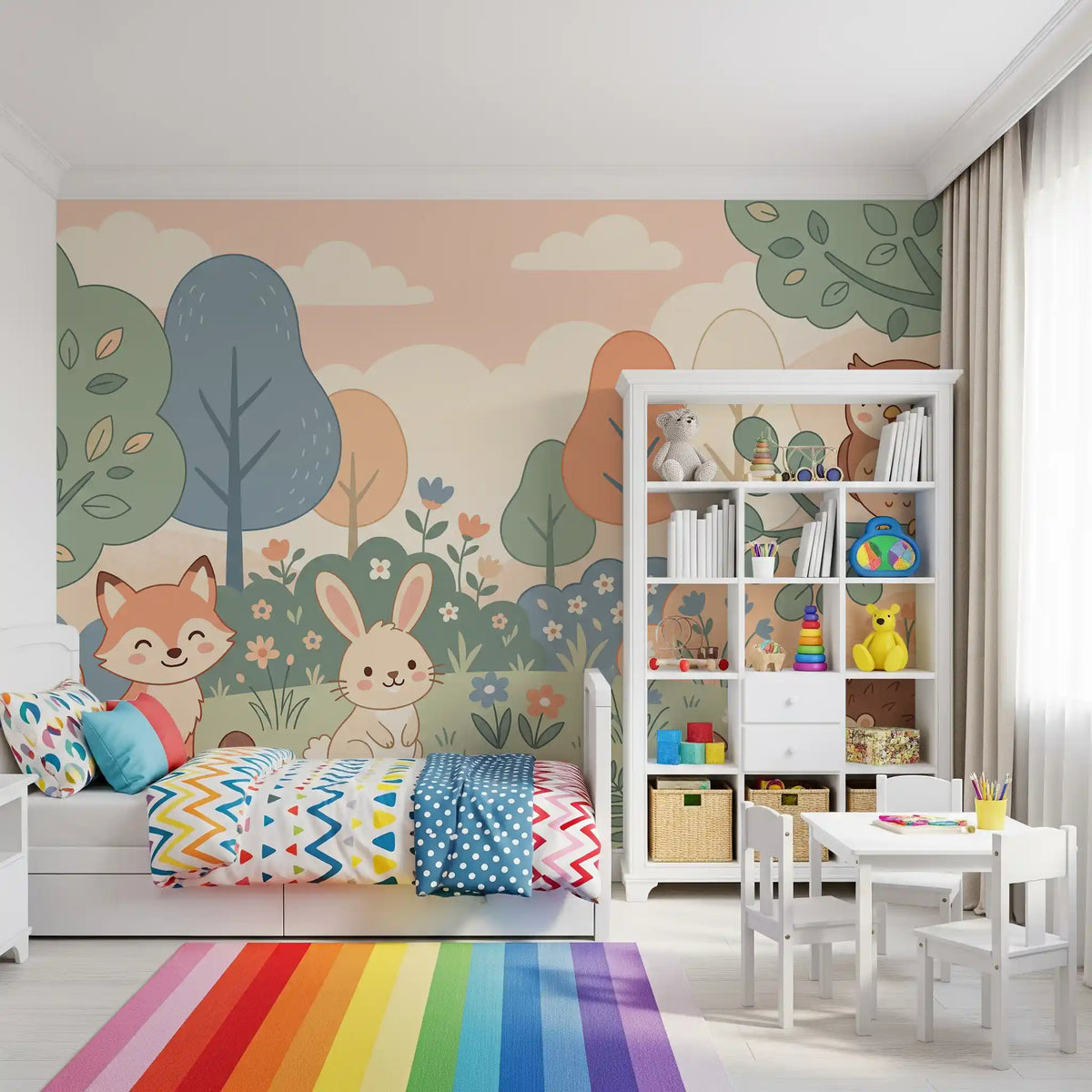 Friendly Woodland Creatures in Soft Pastel Forest Wall Mural