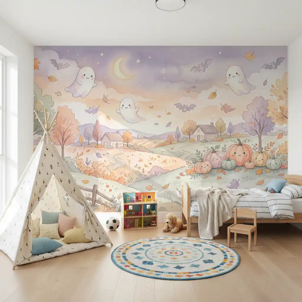 Friendly Ghosts in Autumn Countryside Wall Mural