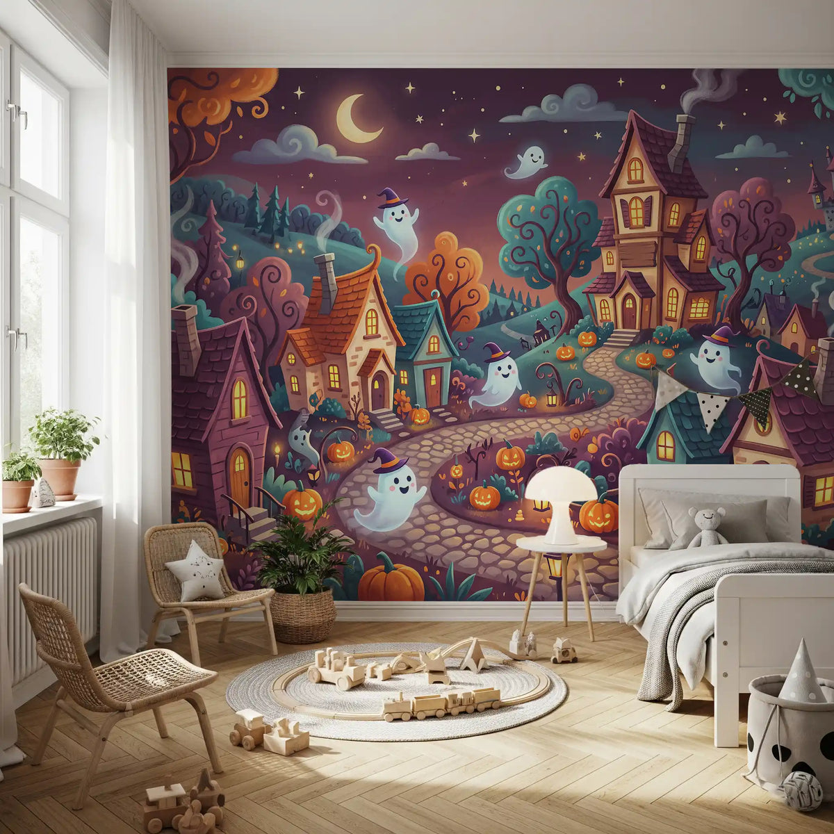 Whimsical Ghostly Village Night Wall Mural