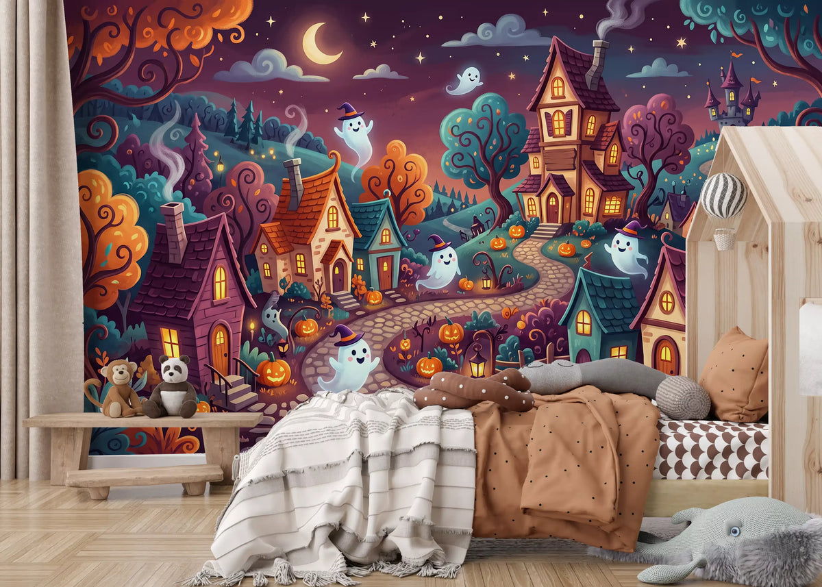 Whimsical Ghostly Village Night Wall Mural
