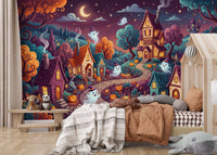Whimsical Ghostly Village Night Wall Mural