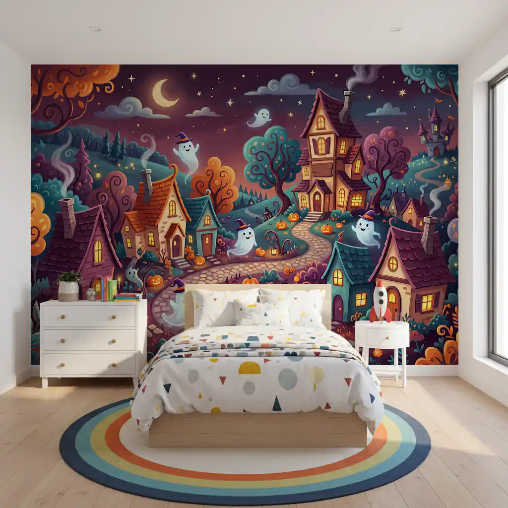 Whimsical Ghostly Village Night Wall Mural
