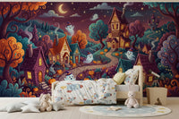 Whimsical Ghostly Village Night Wall Mural