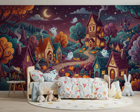Whimsical Ghostly Village Night Wall Mural