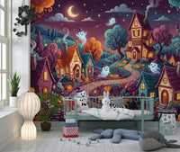 Whimsical Ghostly Village Night Wall Mural