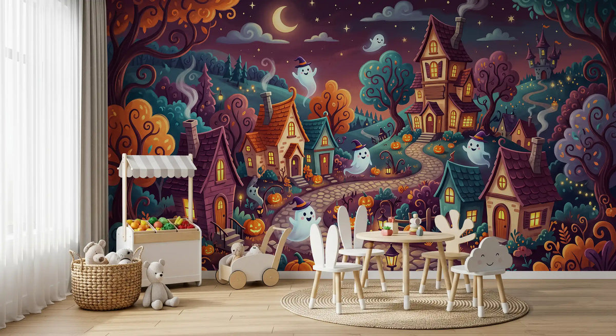 Whimsical Ghostly Village Night Wall Mural